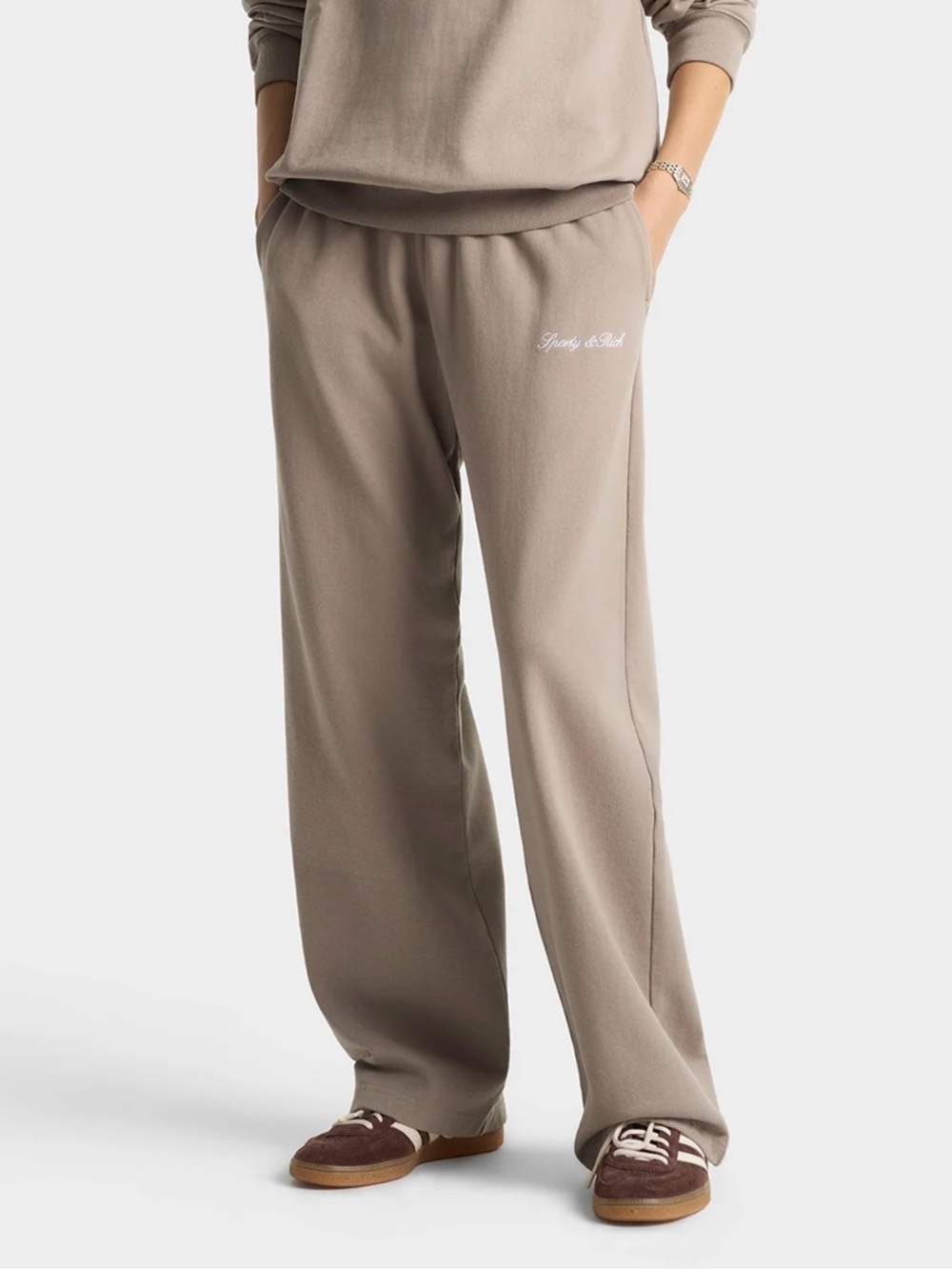 Sporty & Rich Signature Logo Embroidered Wide Sweatpant - Hazelnut/White